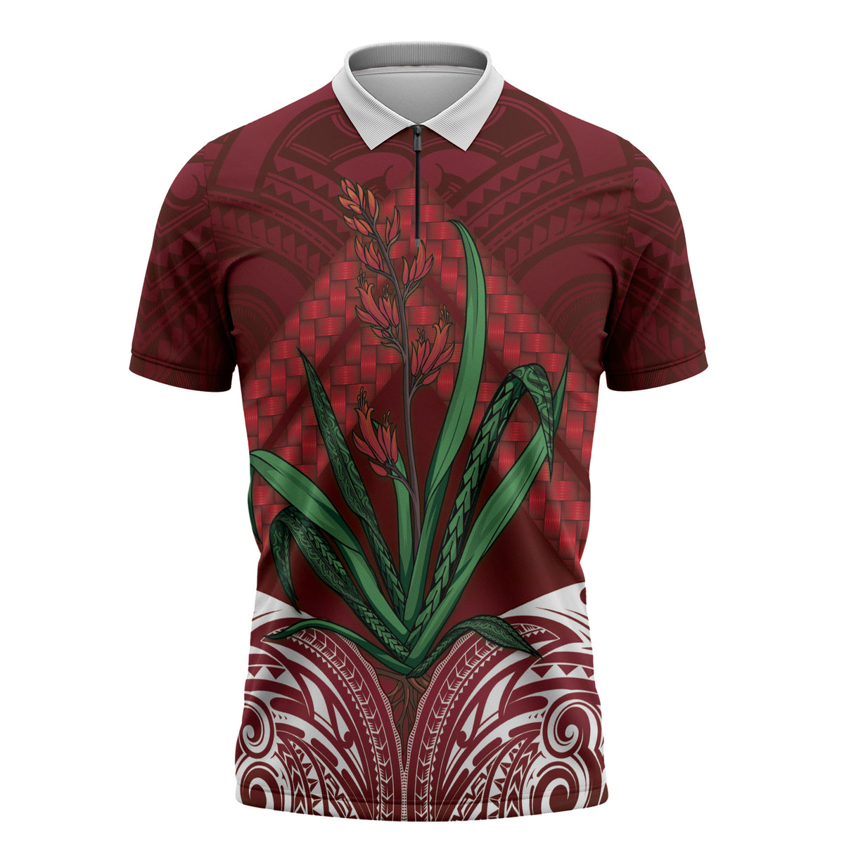 Rongoa Maori New Zealand Harakeke Zipper Polo Shirt NZ Weaving Pattern Red LT14 Red - Polynesian Pride
