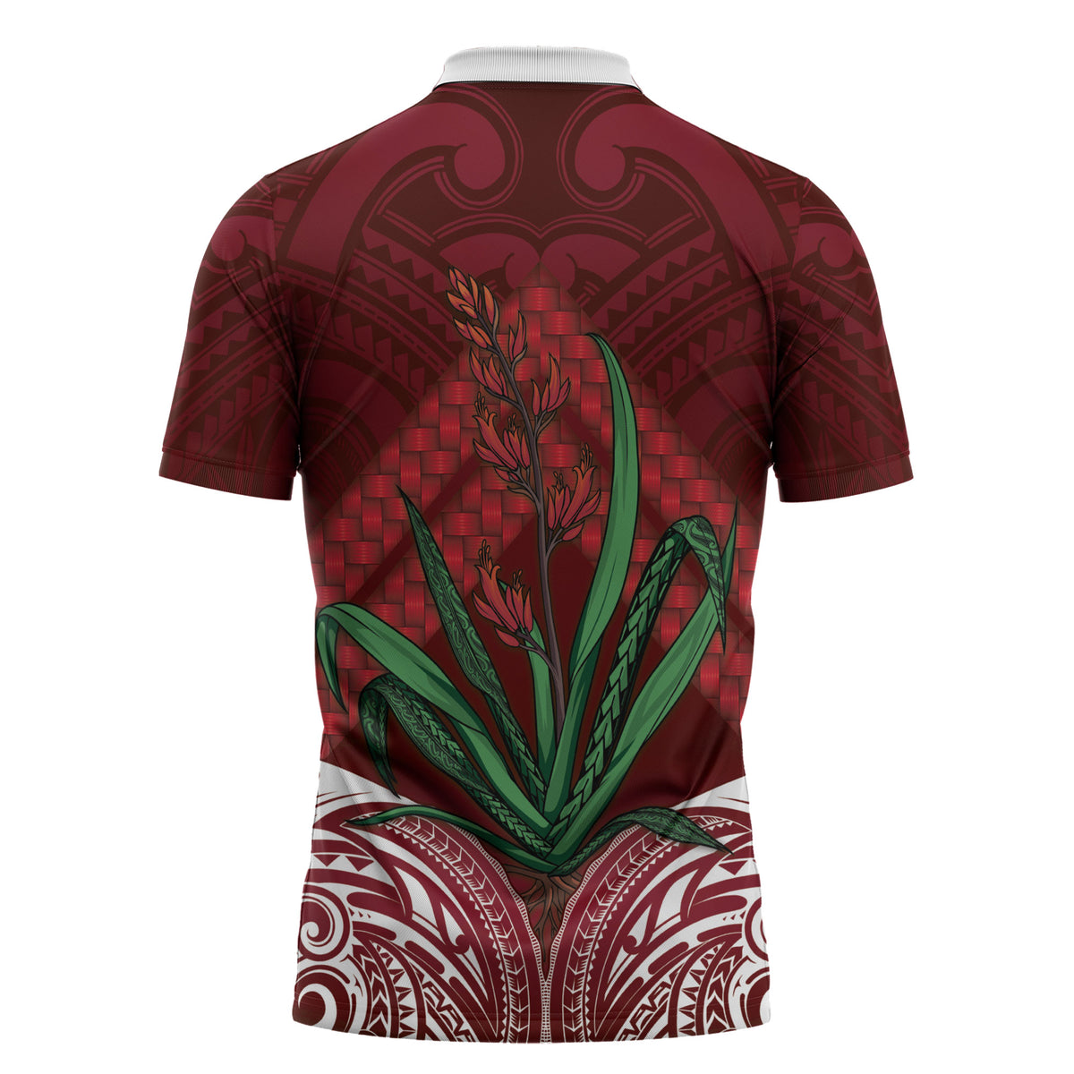 Rongoa Maori New Zealand Harakeke Zipper Polo Shirt NZ Weaving Pattern Red LT14 - Polynesian Pride