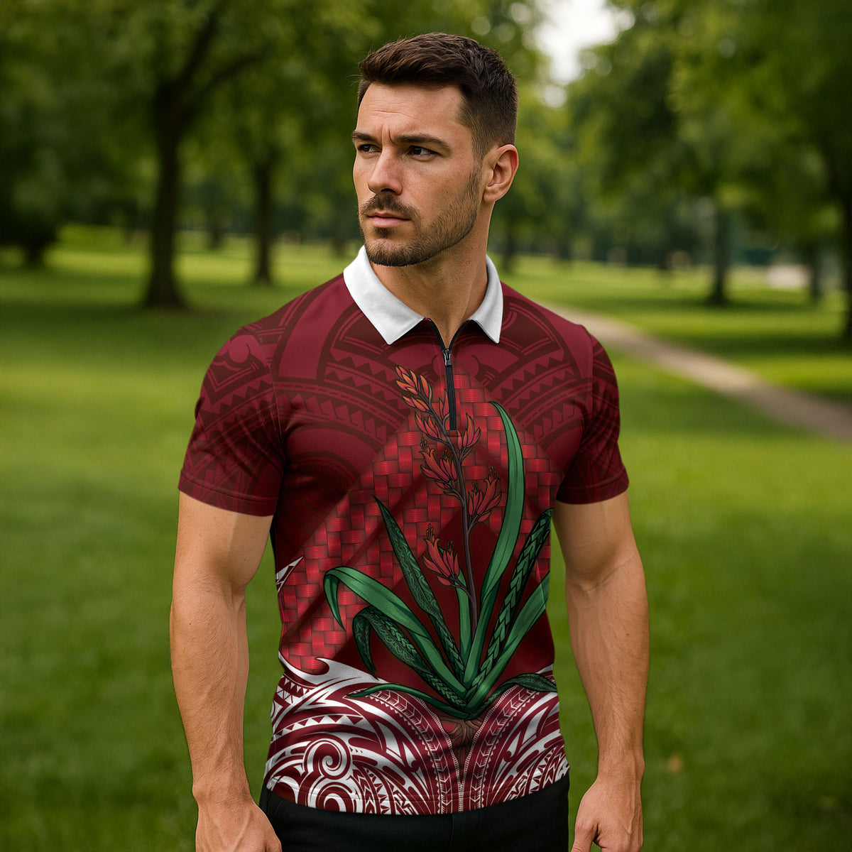 Rongoa Maori New Zealand Harakeke Zipper Polo Shirt NZ Weaving Pattern Red LT14 - Polynesian Pride