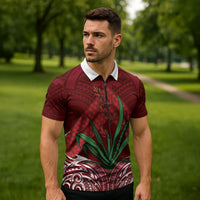 Rongoa Maori New Zealand Harakeke Zipper Polo Shirt NZ Weaving Pattern Red LT14 - Polynesian Pride