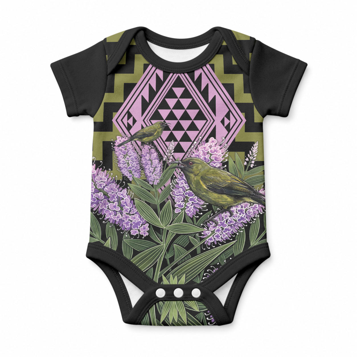 Rongoa Maori New Zealand Koromiko Baby Onesie NZ Hebe Korimako Bellbird Poutama LT14 Green - Polynesian Pride