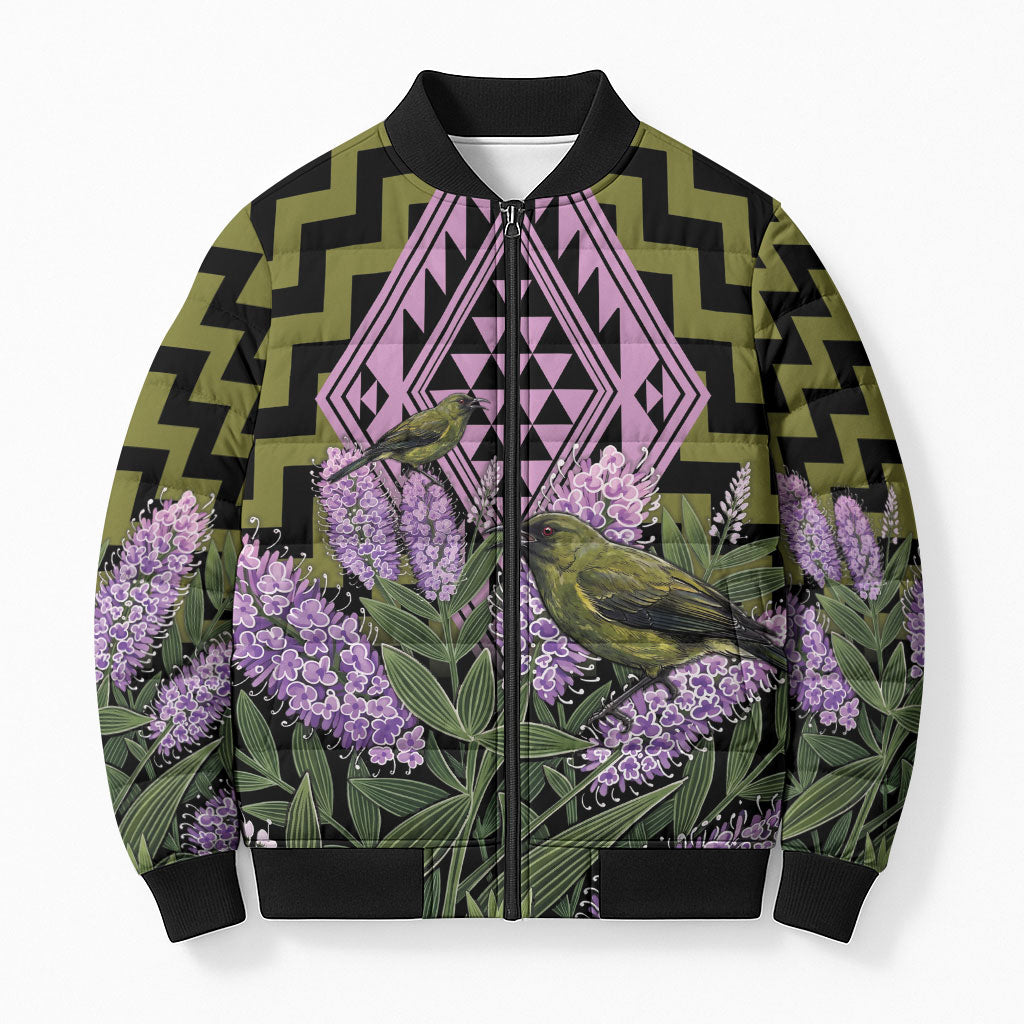 Rongoa Maori New Zealand Koromiko Bomber Puffer Jacket NZ Hebe Korimako Bellbird Poutama LT14 Unisex Green - Polynesian Pride