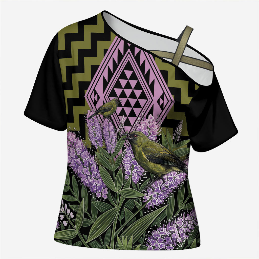 Rongoa Maori New Zealand Koromiko Cross Shoulder Shirt NZ Hebe Korimako Bellbird Poutama LT14 Female Green - Polynesian Pride
