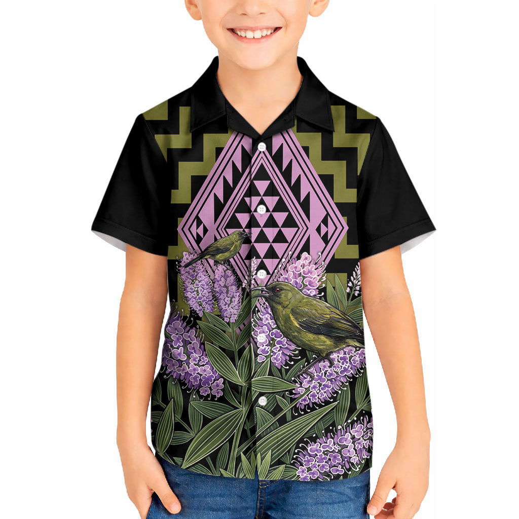 Rongoa Maori New Zealand Koromiko Kid Hawaiian Shirt NZ Hebe Korimako Bellbird Poutama LT14 Kid Green - Polynesian Pride