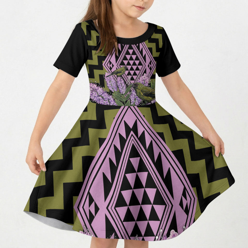Rongoa Maori New Zealand Koromiko Kid Short Sleeve Dress NZ Hebe Korimako Bellbird Poutama LT14 KID Green - Polynesian Pride
