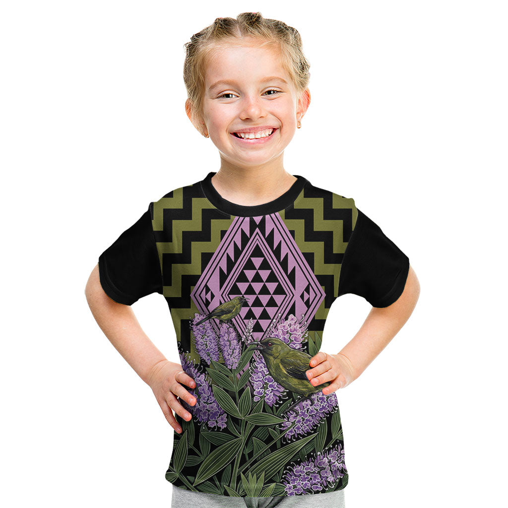 Rongoa Maori New Zealand Koromiko Kid T Shirt NZ Hebe Korimako Bellbird Poutama LT14 Green - Polynesian Pride