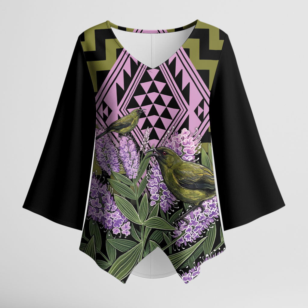 Rongoa Maori New Zealand Koromiko Kimono Sleeve Blouse NZ Hebe Korimako Bellbird Poutama LT14 Female Green - Polynesian Pride