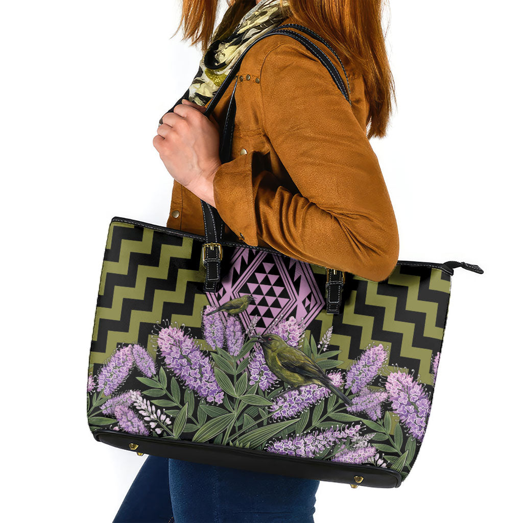 Rongoa Maori New Zealand Koromiko Leather Tote Bag NZ Hebe Korimako Bellbird Poutama LT14 Green - Polynesian Pride