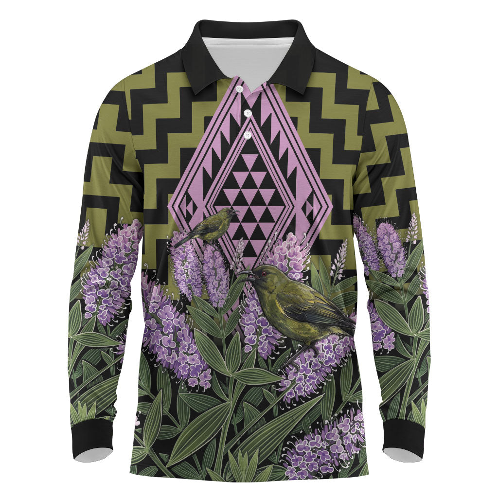Rongoa Maori New Zealand Koromiko Long Sleeve Polo Shirt NZ Hebe Korimako Bellbird Poutama LT14 Green - Polynesian Pride