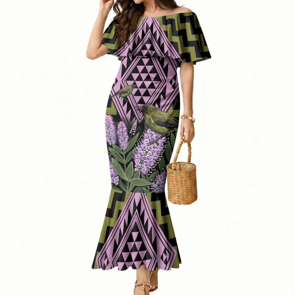 Rongoa Maori New Zealand Koromiko Mermaid Dress NZ Hebe Korimako Bellbird Poutama LT14 Women Green - Polynesian Pride