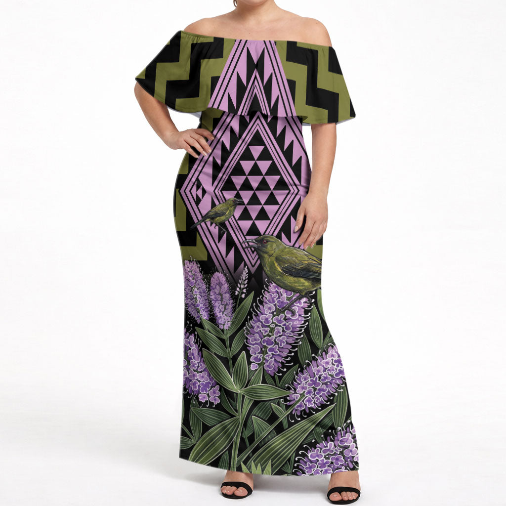 Rongoa Maori New Zealand Koromiko Off Shoulder Maxi Dress NZ Hebe Korimako Bellbird Poutama LT14 Women Green - Polynesian Pride