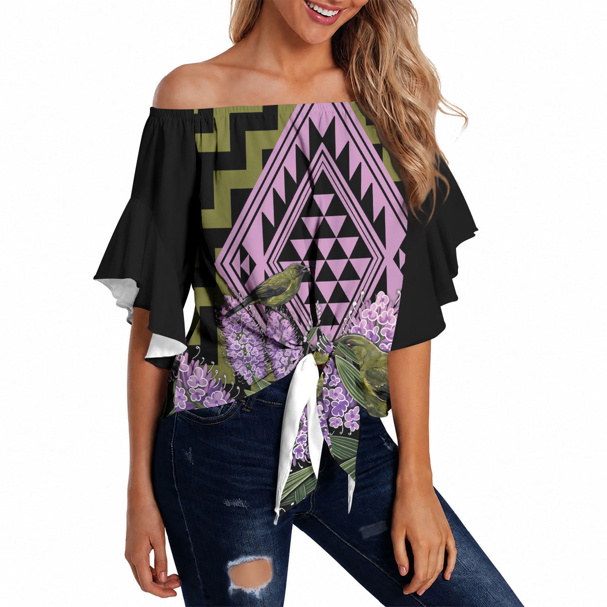 Rongoa Maori New Zealand Koromiko Off Shoulder Wrap Waist Top NZ Hebe Korimako Bellbird Poutama LT14 Green - Polynesian Pride