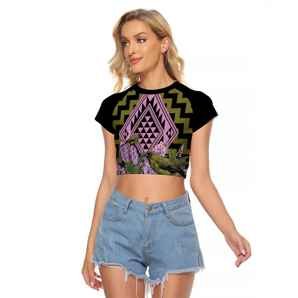 Rongoa Maori New Zealand Koromiko Raglan Cropped T Shirt NZ Hebe Korimako Bellbird Poutama LT14 Female Green - Polynesian Pride