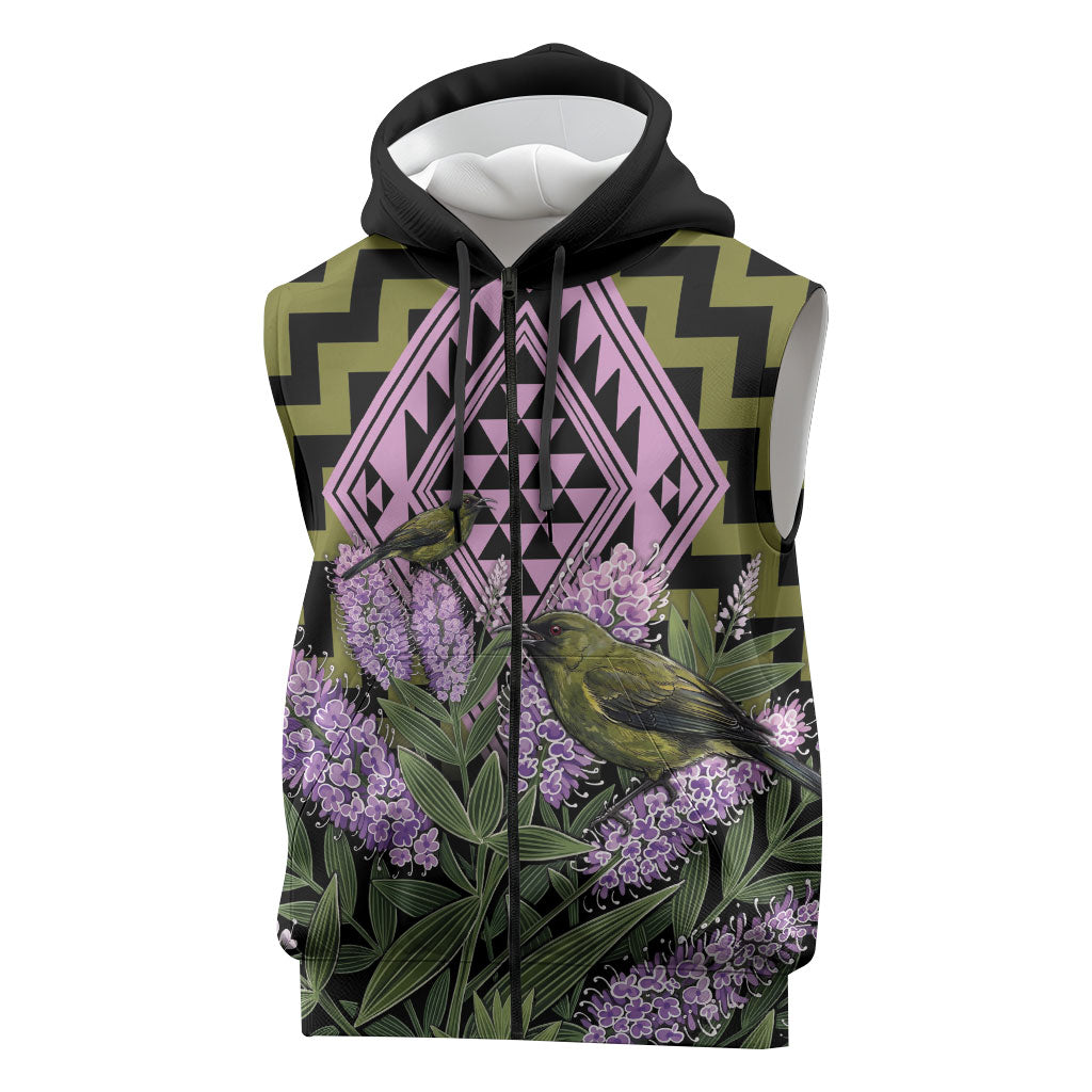 Rongoa Maori New Zealand Koromiko Sleeveless Zip Hoodie NZ Hebe Korimako Bellbird Poutama LT14 Green - Polynesian Pride