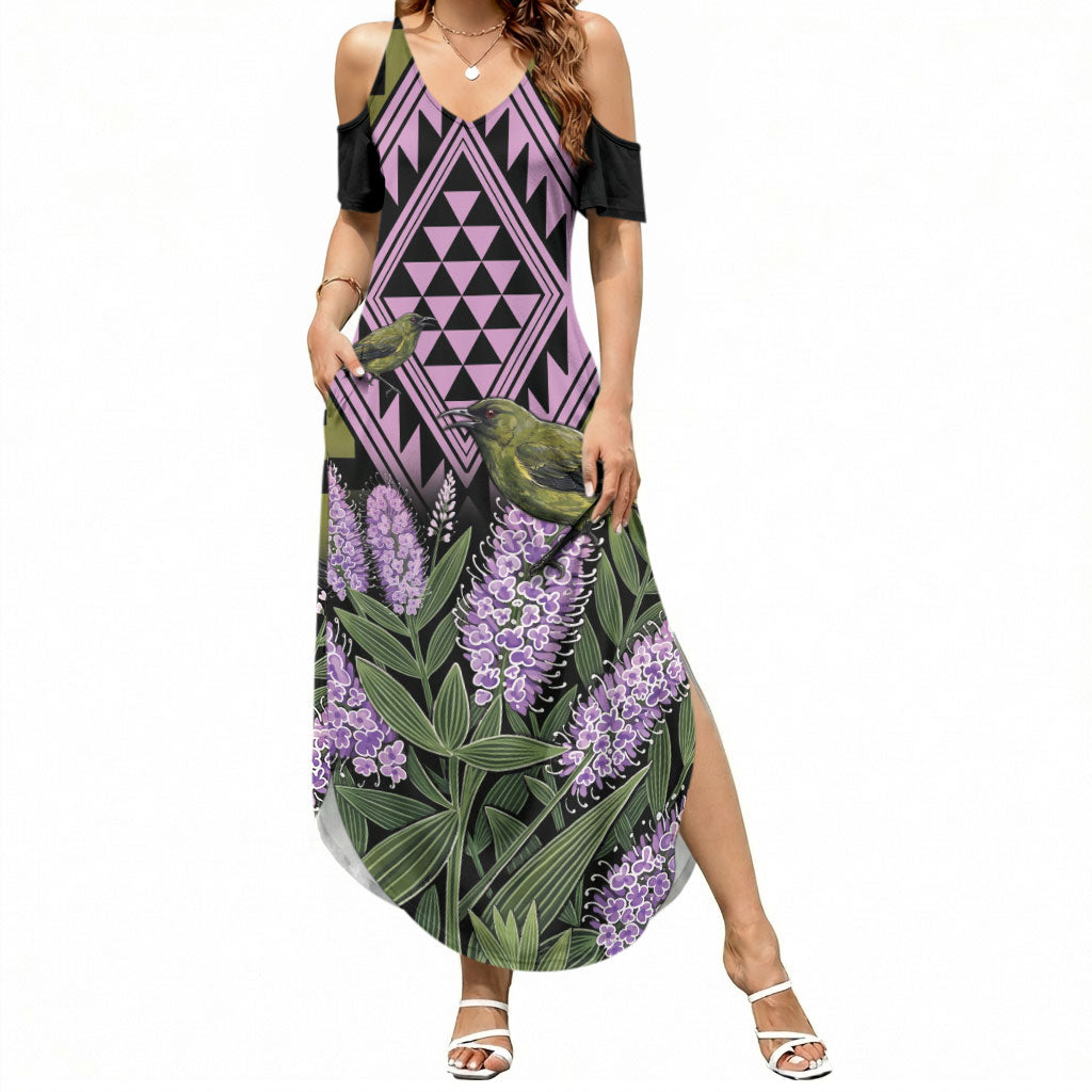 Rongoa Maori New Zealand Koromiko Summer Maxi Dress NZ Hebe Korimako Bellbird Poutama LT14 Women Green - Polynesian Pride