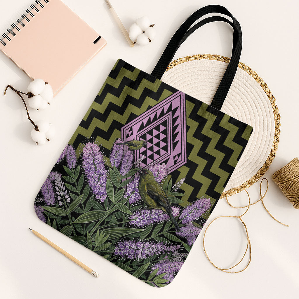 Rongoa Maori New Zealand Koromiko Tote Bag NZ Hebe Korimako Bellbird Poutama LT14 Black Strap One Size Green - Polynesian Pride