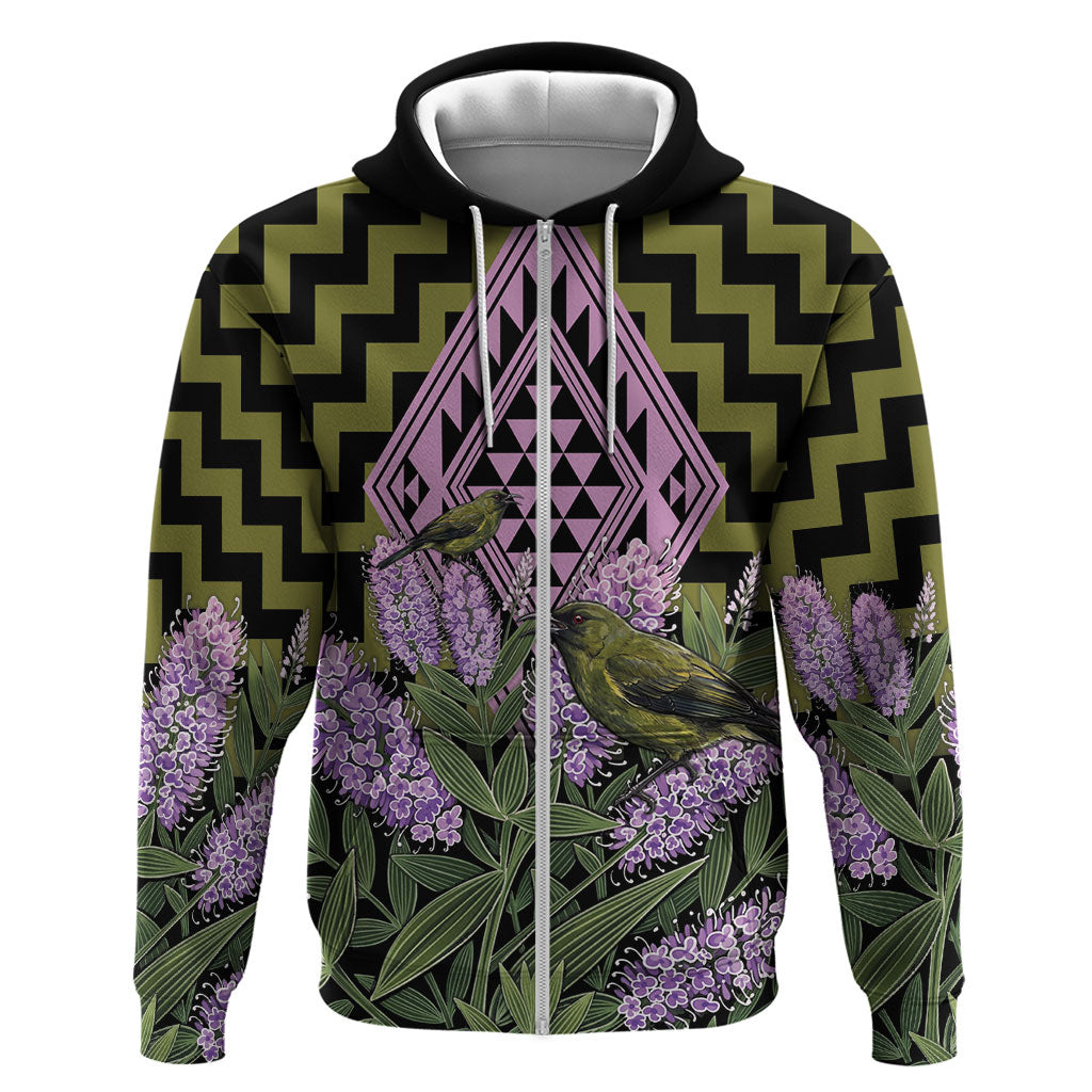 Rongoa Maori New Zealand Koromiko Zip Hoodie NZ Hebe Korimako Bellbird Poutama LT14 Zip Hoodie Green - Polynesian Pride