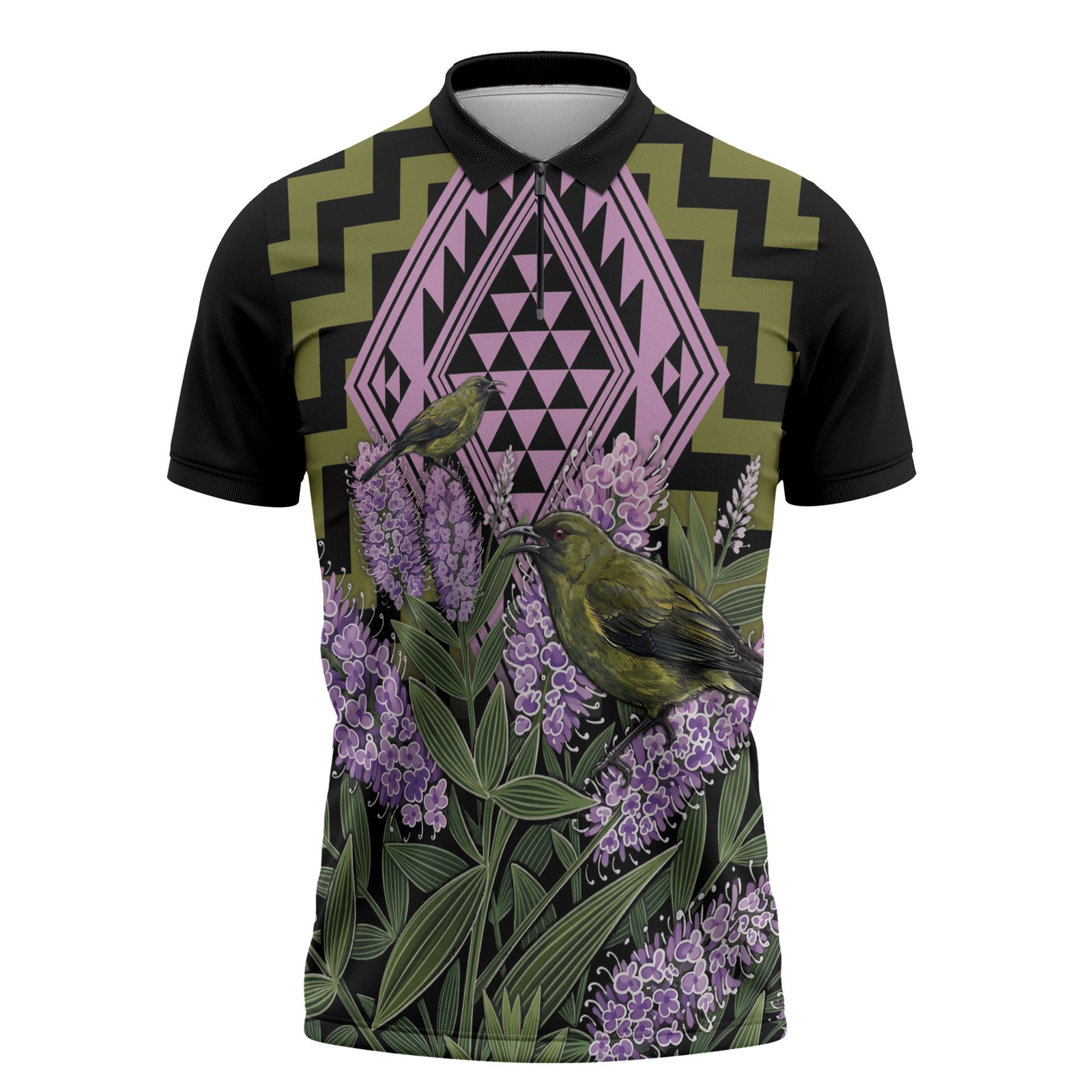Rongoa Maori New Zealand Koromiko Zipper Polo Shirt NZ Hebe Korimako Bellbird Poutama LT14 Green - Polynesian Pride