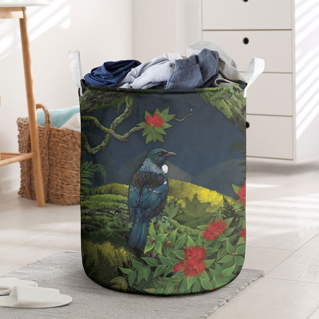 Rongoa Maori New Zealand Rata Laundry Basket NZ Tui Bird Forest Vibes LT14 Green - Polynesian Pride