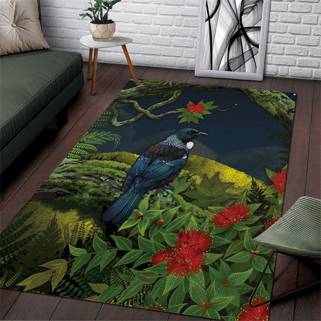 Rongoa Maori New Zealand Rata Area Rug NZ Tui Bird Forest Vibes LT14 Green - Polynesian Pride