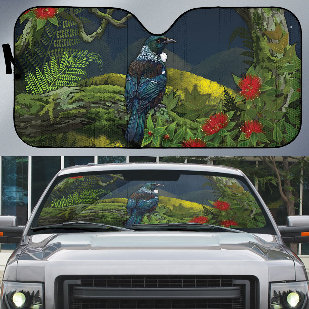 Rongoa Maori New Zealand Rata Auto Sun Shade NZ Tui Bird Forest Vibes LT14 Green - Polynesian Pride