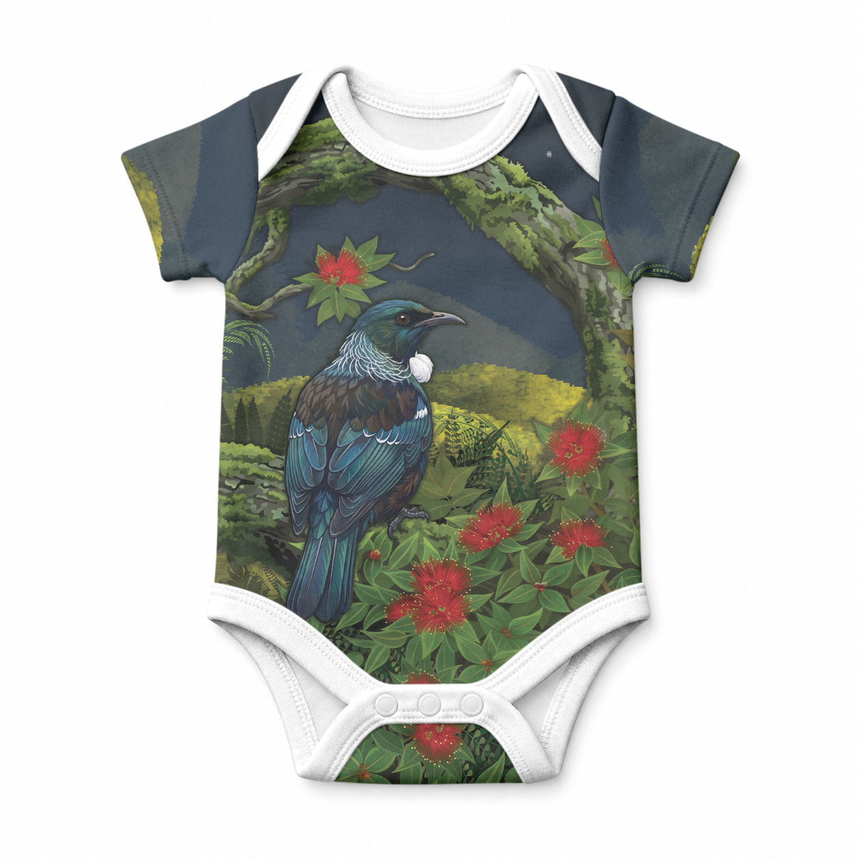 Rongoa Maori New Zealand Rata Baby Onesie NZ Tui Bird Forest Vibes LT14 Green - Polynesian Pride