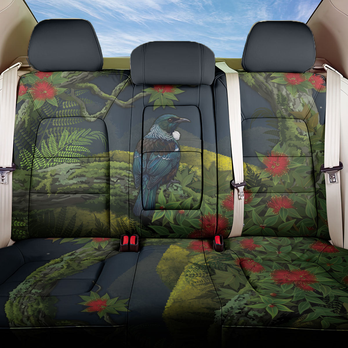 Rongoa Maori New Zealand Rata Back Car Seat Cover NZ Tui Bird Forest Vibes LT14 One Size Green - Polynesian Pride