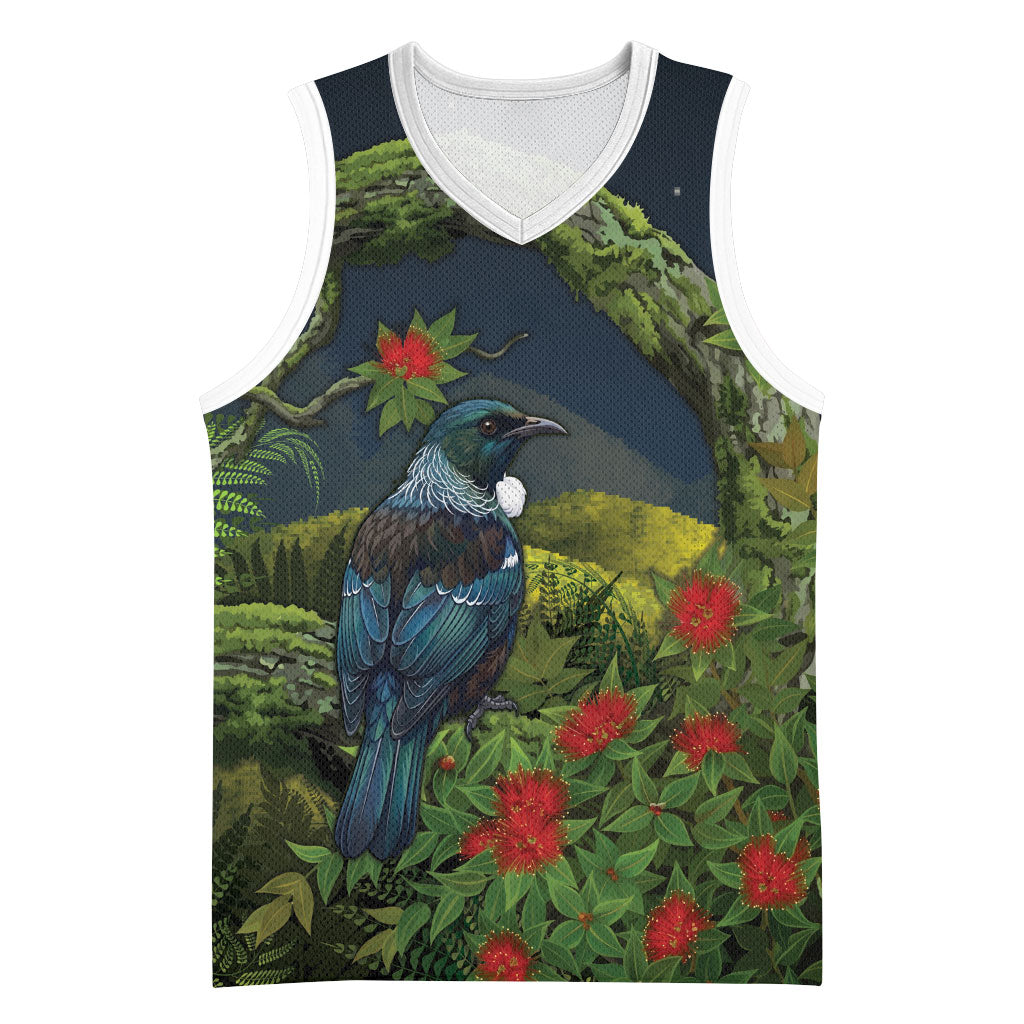 Rongoa Maori New Zealand Rata Basketball Jersey NZ Tui Bird Forest Vibes LT14 Unisex Green - Polynesian Pride