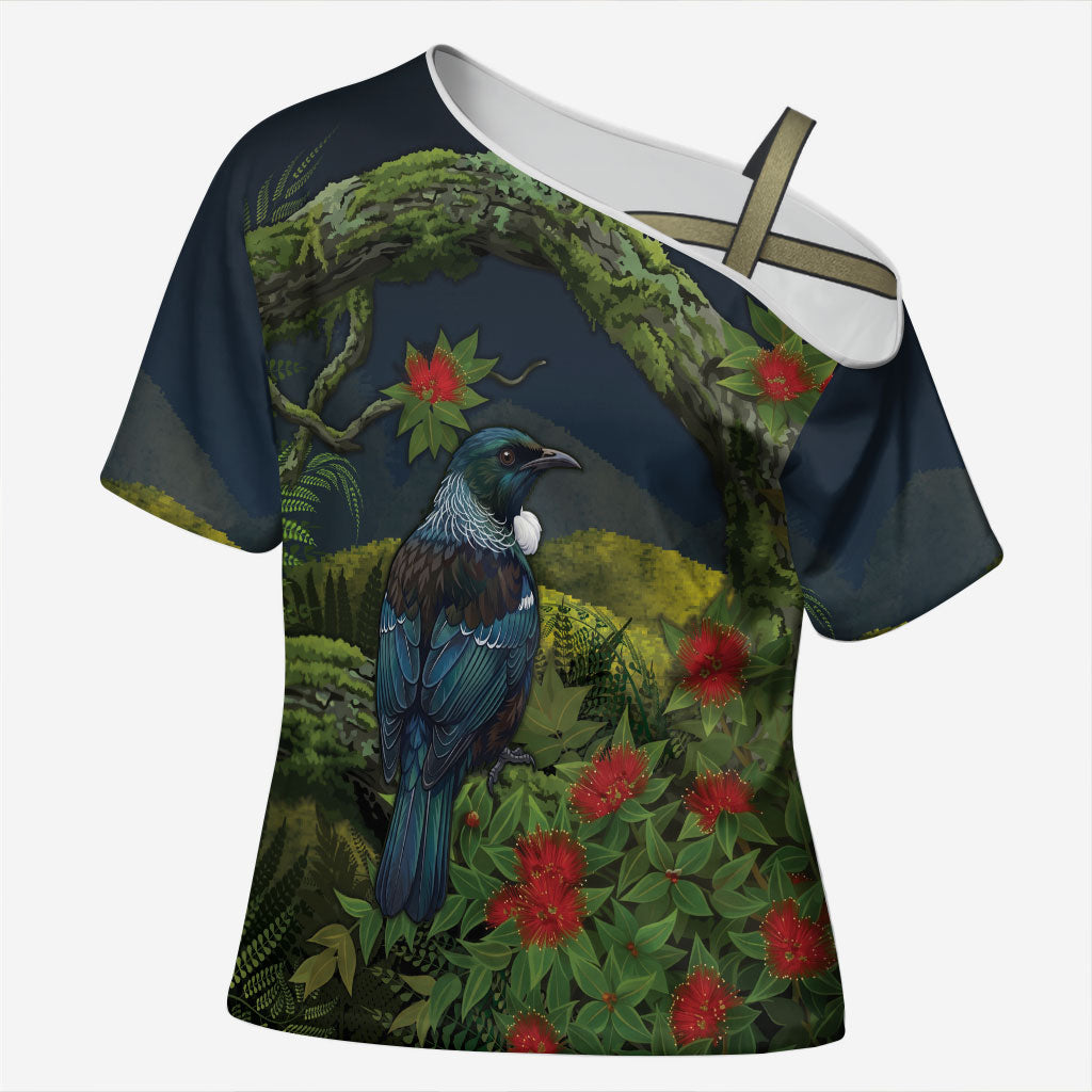 Rongoa Maori New Zealand Rata Cross Shoulder Shirt NZ Tui Bird Forest Vibes LT14 Female Green - Polynesian Pride