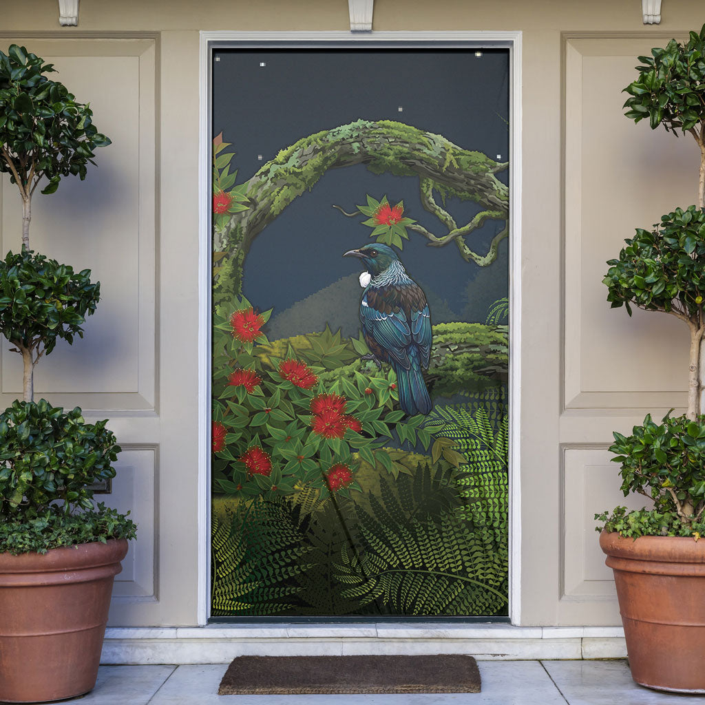 Rongoa Maori New Zealand Rata Door Cover NZ Tui Bird Forest Vibes LT14 Green - Polynesian Pride