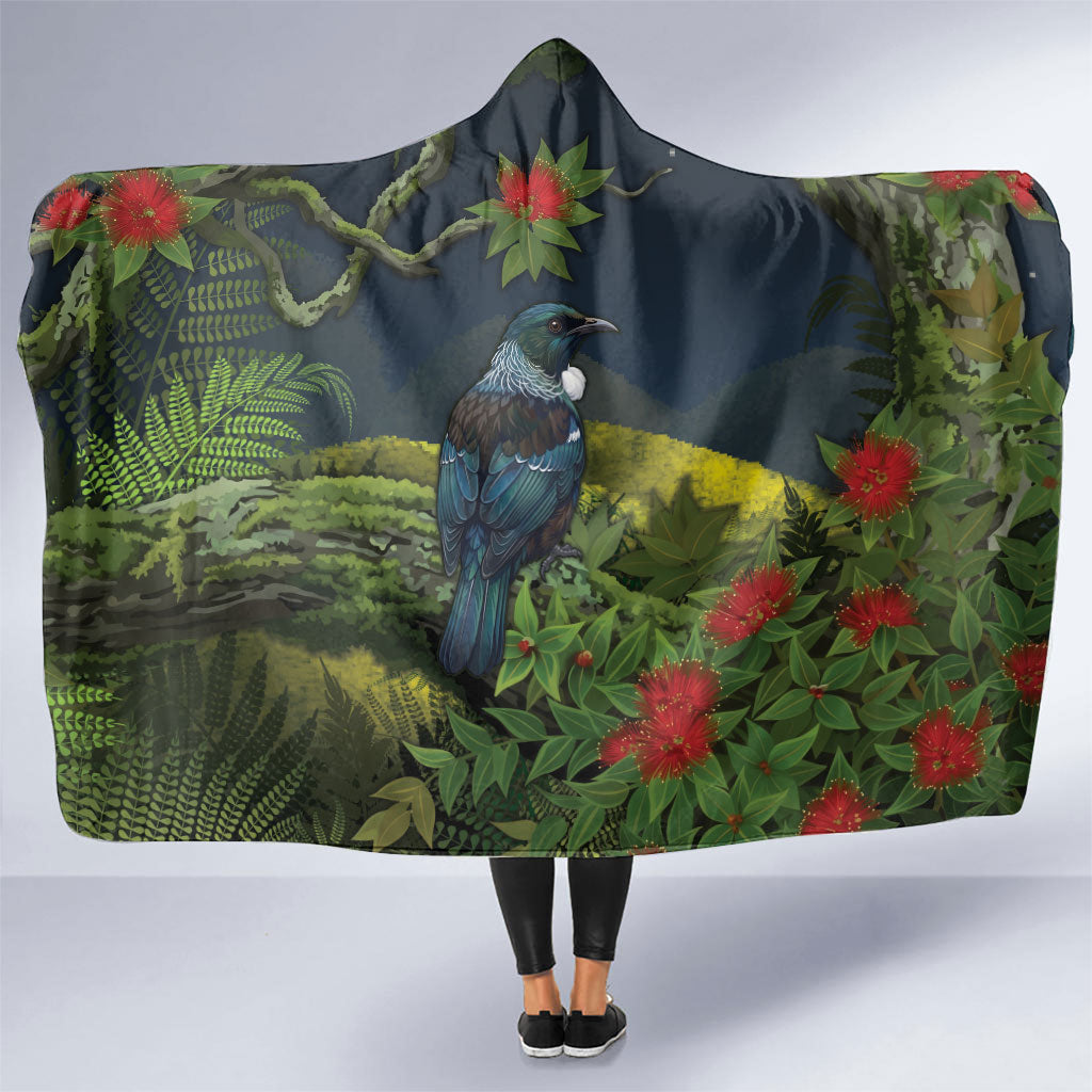 Rongoa Maori New Zealand Rata Hooded Blanket NZ Tui Bird Forest Vibes LT14 One Size Green - Polynesian Pride
