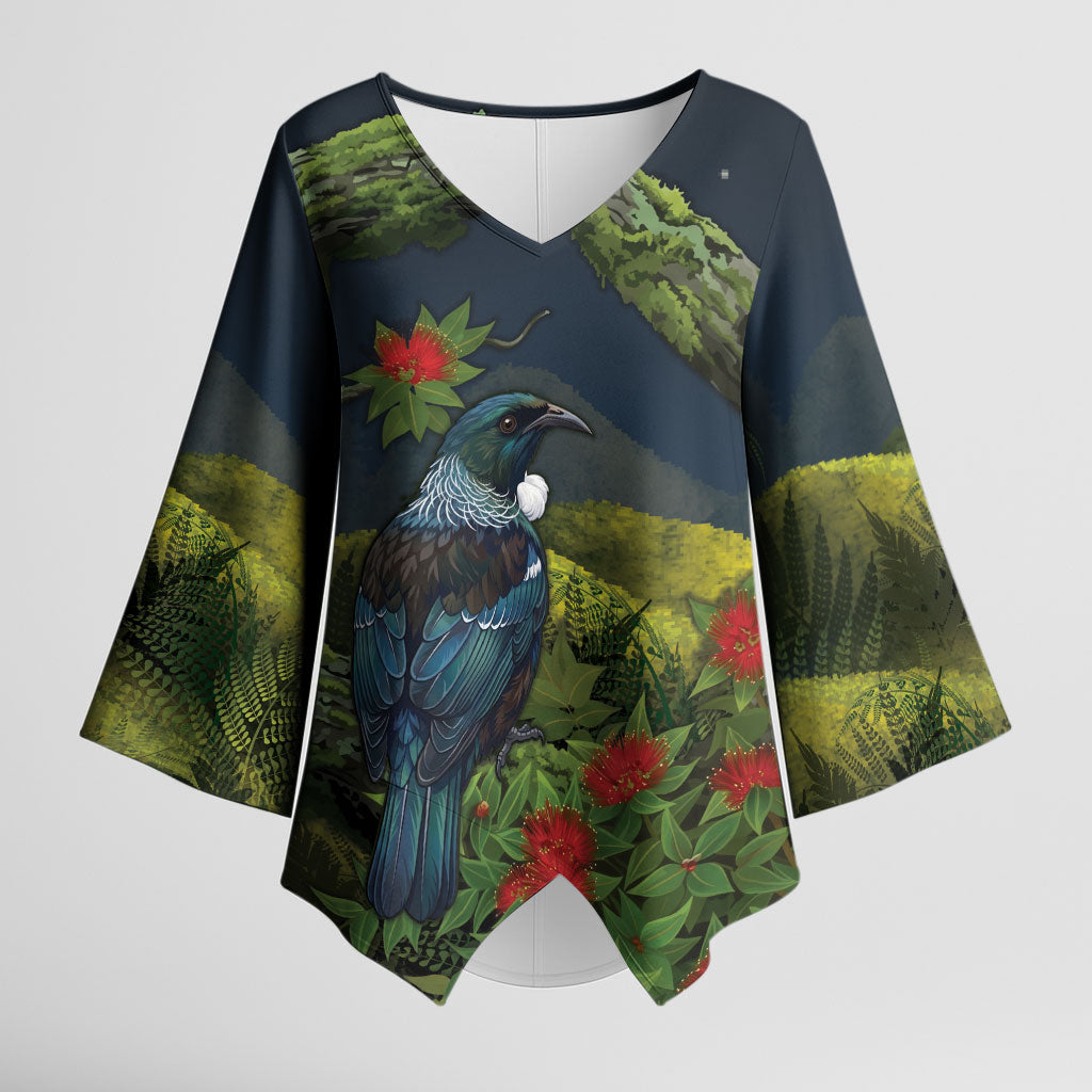 Rongoa Maori New Zealand Rata Kimono Sleeve Blouse NZ Tui Bird Forest Vibes LT14 Female Green - Polynesian Pride