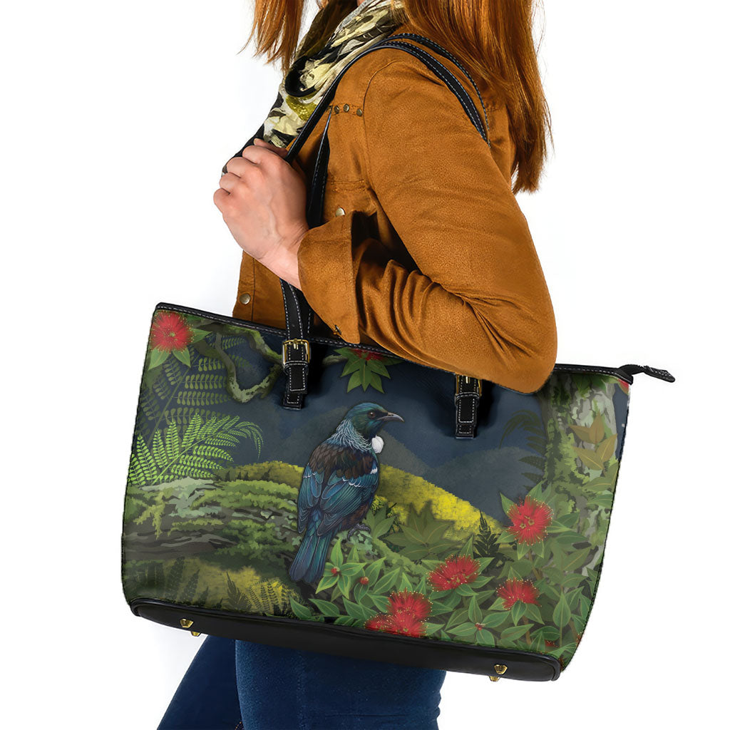 Rongoa Maori New Zealand Rata Leather Tote Bag NZ Tui Bird Forest Vibes LT14 Green - Polynesian Pride