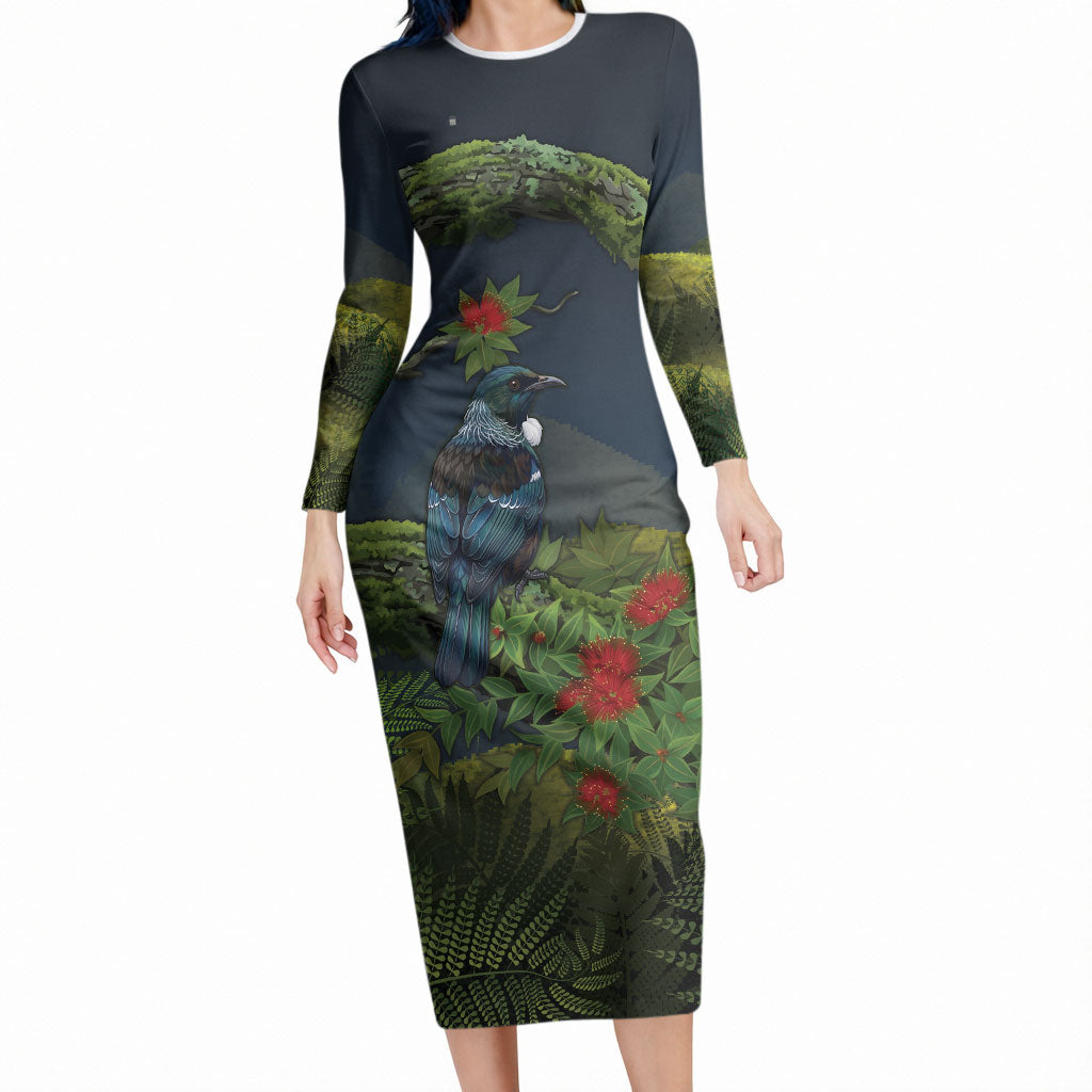 Rongoa Maori New Zealand Rata Long Sleeve Bodycon Dress NZ Tui Bird Forest Vibes LT14 Long Dress Green - Polynesian Pride