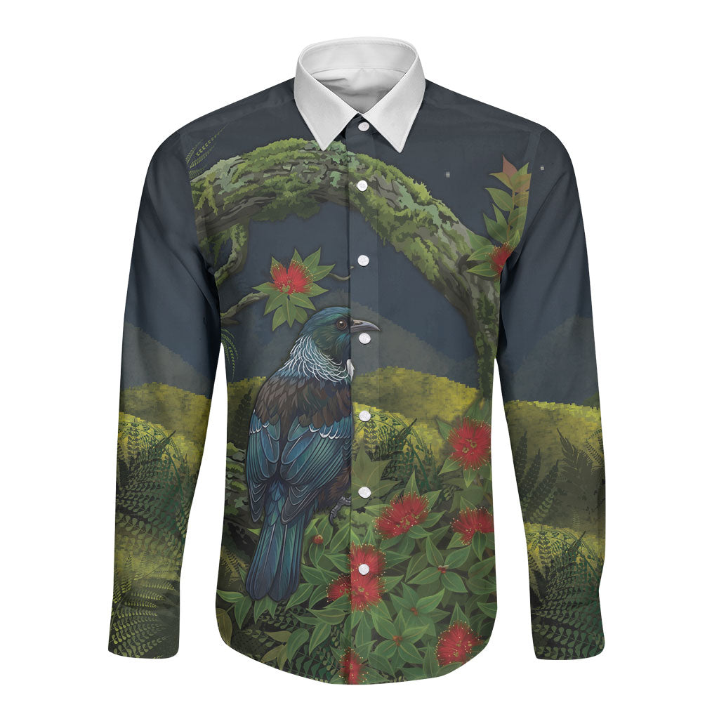 Rongoa Maori New Zealand Rata Long Sleeve Button Shirt NZ Tui Bird Forest Vibes LT14 Unisex Green - Polynesian Pride