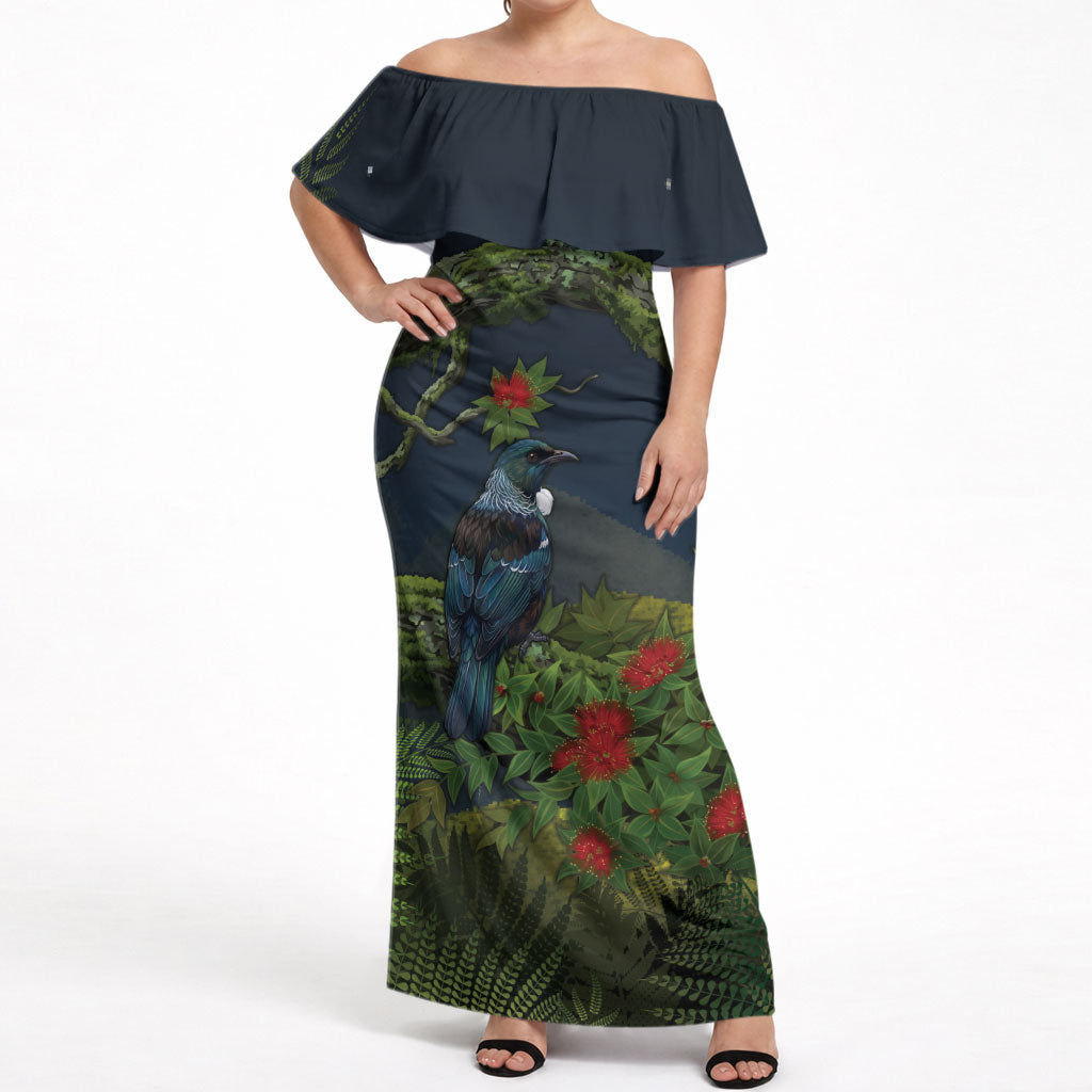 Rongoa Maori New Zealand Rata Off Shoulder Maxi Dress NZ Tui Bird Forest Vibes LT14 Women Green - Polynesian Pride