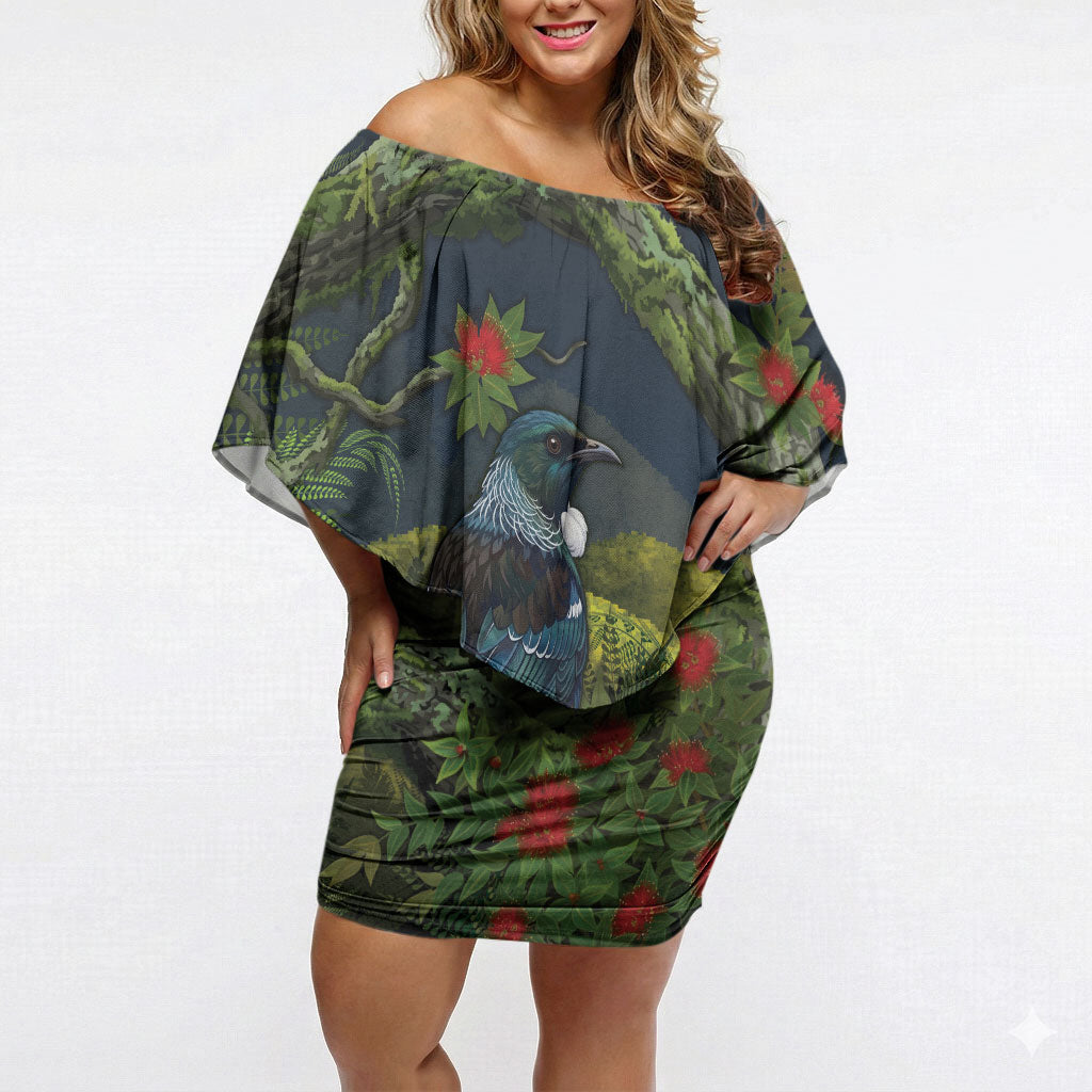 Rongoa Maori New Zealand Rata Off Shoulder Short Dress NZ Tui Bird Forest Vibes LT14 Women Green - Polynesian Pride