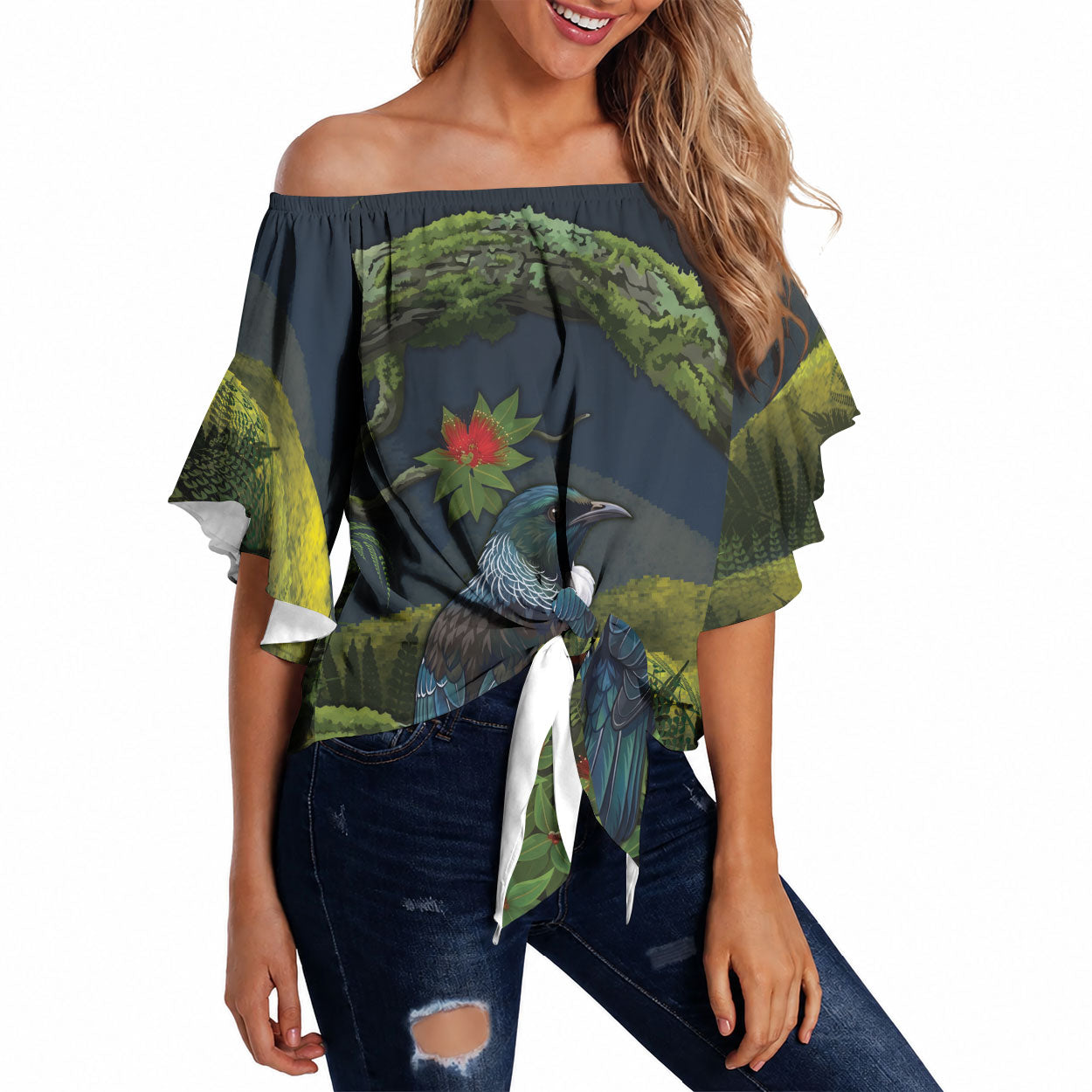 Rongoa Maori New Zealand Rata Off Shoulder Wrap Waist Top NZ Tui Bird Forest Vibes LT14 Green - Polynesian Pride