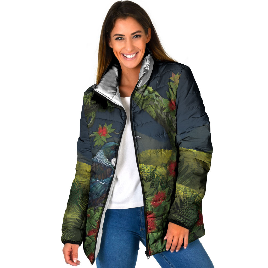 Rongoa Maori New Zealand Rata Padded Jacket NZ Tui Bird Forest Vibes LT14 Women Green - Polynesian Pride