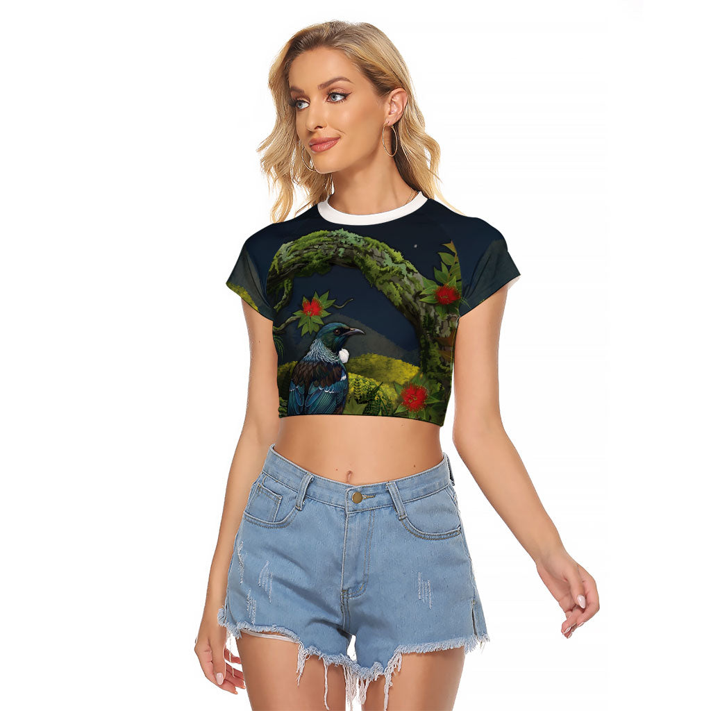 Rongoa Maori New Zealand Rata Raglan Cropped T Shirt NZ Tui Bird Forest Vibes LT14 Female Green - Polynesian Pride
