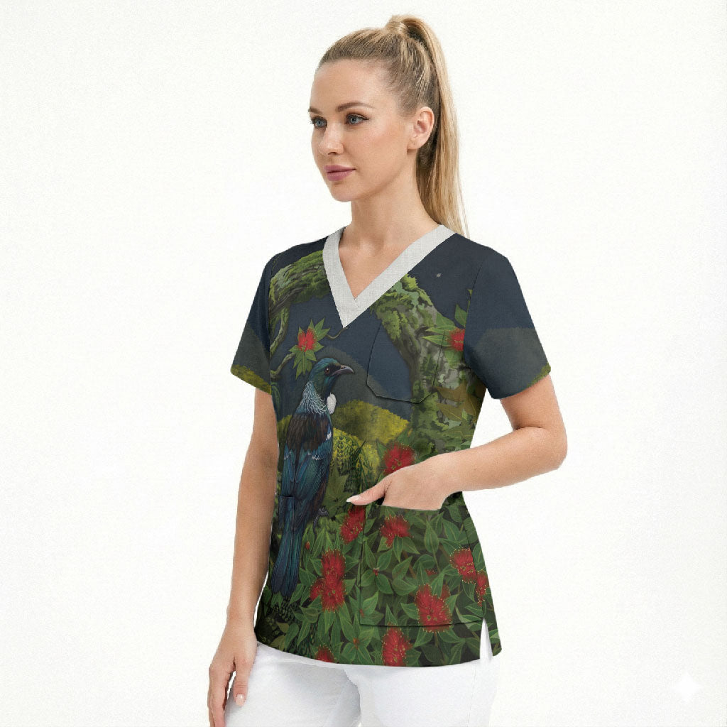 Rongoa Maori New Zealand Rata Scrub Top NZ Tui Bird Forest Vibes LT14 - Polynesian Pride