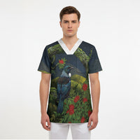 Rongoa Maori New Zealand Rata Scrub Top NZ Tui Bird Forest Vibes LT14 - Polynesian Pride