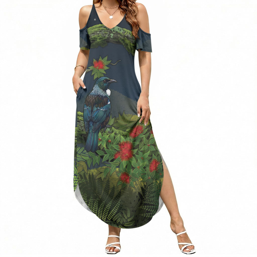 Rongoa Maori New Zealand Rata Summer Maxi Dress NZ Tui Bird Forest Vibes LT14 Women Green - Polynesian Pride