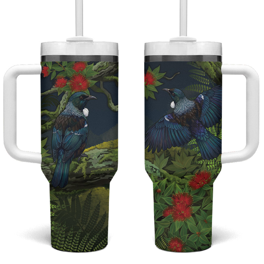Rongoa Maori New Zealand Rata Tumbler With Handle NZ Tui Bird Forest Vibes LT14 One Size: 40 oz Green - Polynesian Pride