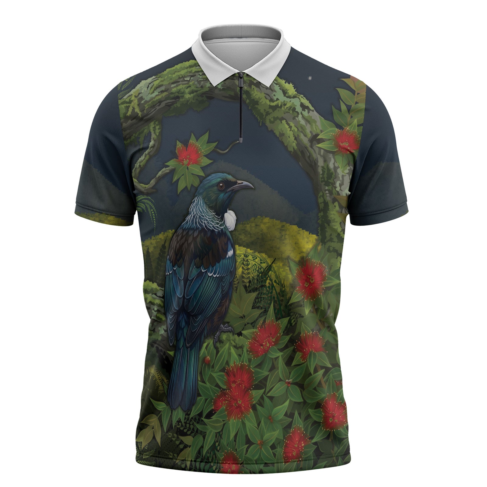 Rongoa Maori New Zealand Rata Zipper Polo Shirt NZ Tui Bird Forest Vibes LT14 Green - Polynesian Pride