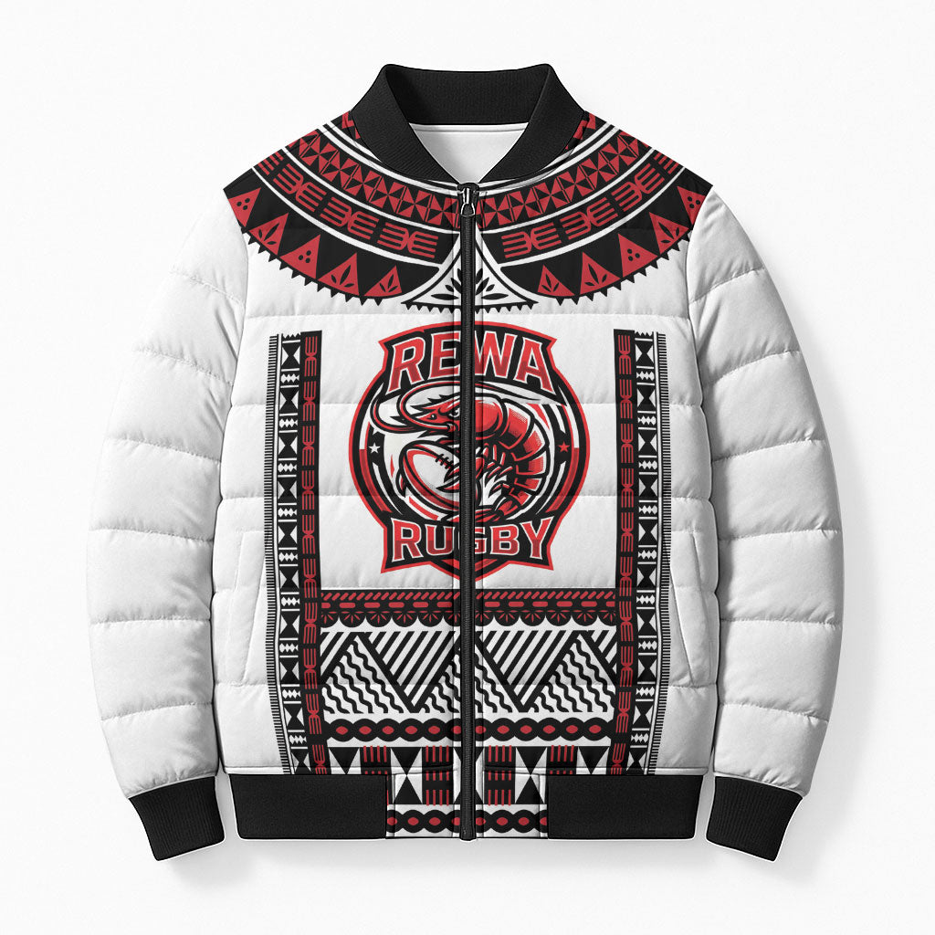 Fiji Rewa Rugby Custom Bomber Puffer Jacket Go Champions Fijian Tapa Pattern LT14 Unisex White - Polynesian Pride