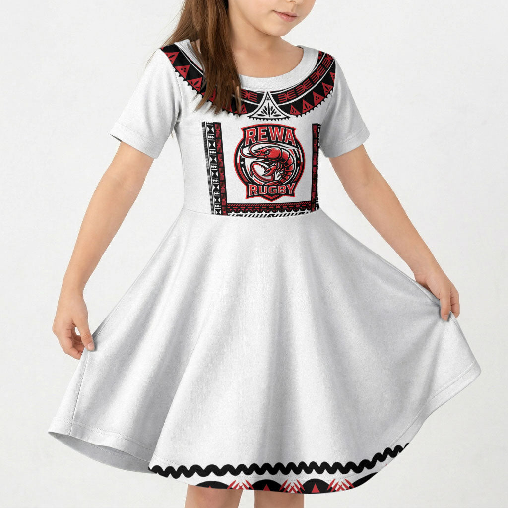 Fiji Rewa Rugby Custom Kid Short Sleeve Dress Go Champions Fijian Tapa Pattern LT14 KID White - Polynesian Pride