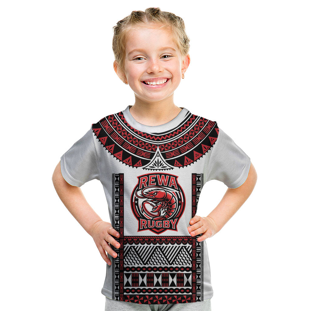 Fiji Rewa Rugby Custom Kid T Shirt Go Champions Fijian Tapa Pattern LT14 White - Polynesian Pride