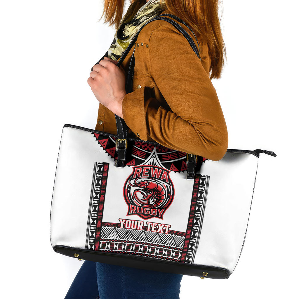 Fiji Rewa Rugby Custom Leather Tote Bag Go Champions Fijian Tapa Pattern LT14 White - Polynesian Pride