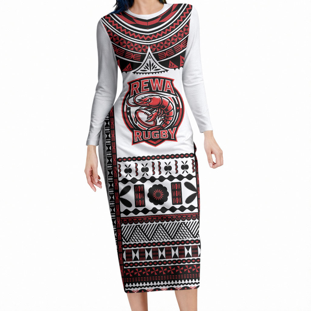 Fiji Rewa Rugby Custom Long Sleeve Bodycon Dress Go Champions Fijian Tapa Pattern LT14 Long Dress White - Polynesian Pride
